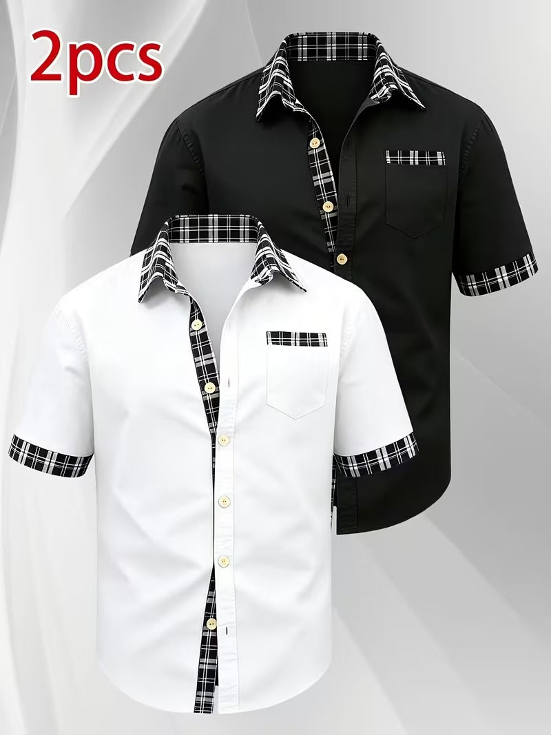 2pcs Men's Color-Block Plaid Patchwork Short-Sleeve Shirt (SKU-2S-31)