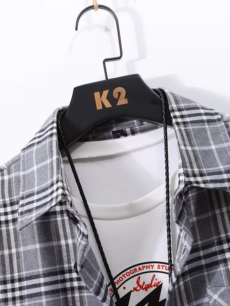 Men's 2pcs Casual Plaid Shirt Set, Mixed Plaid Patterns (SKU-2S-22)