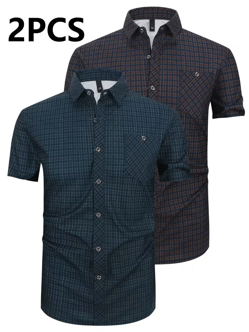 2-pc Casual Shirt Set, Short Sleeve And Button- Style in Checkered Prints (SKU-2S-35)