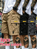 3PcsMen's Gray Cargo Shorts Drawstring Waist Loose Fit Multi-Pocket Lightweight Summer Casual Shorts