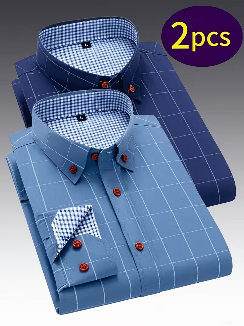 2pcs Men'S Business Elegant Long Sleeve Checkered Shirts (SKU-2S-48)