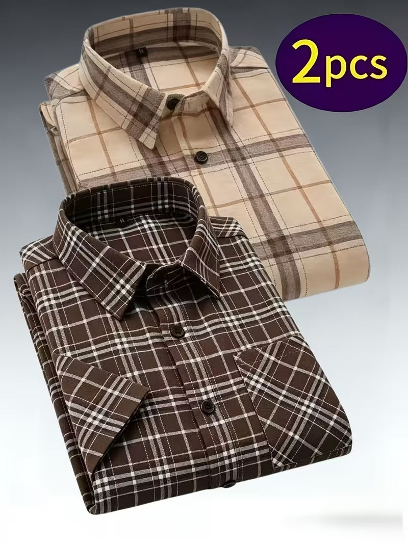 Men's 2pcs Casual Plaid Shirt Set, Mixed Plaid Patterns (SKU-2S-24)