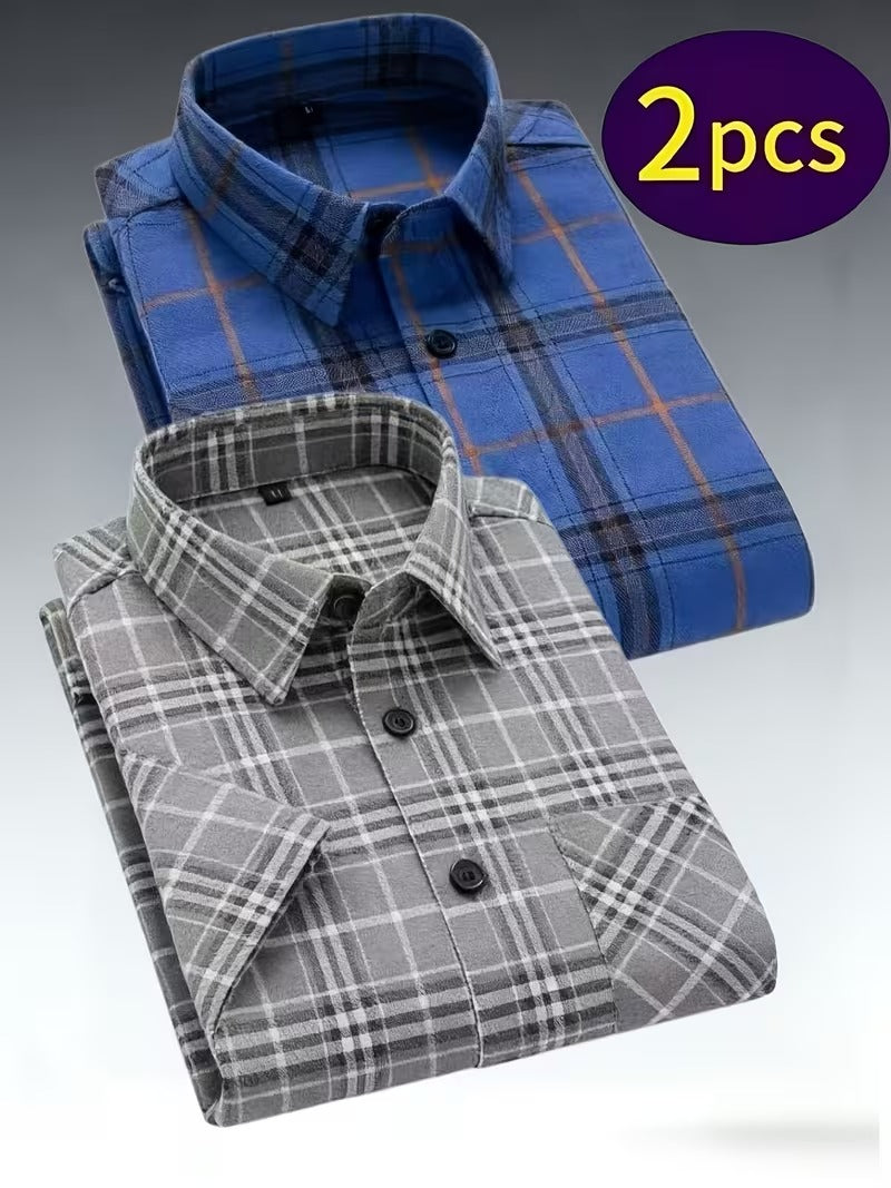 Men's 2pcs Casual Plaid Shirt Set, Mixed Plaid Patterns (SKU-2S-22)