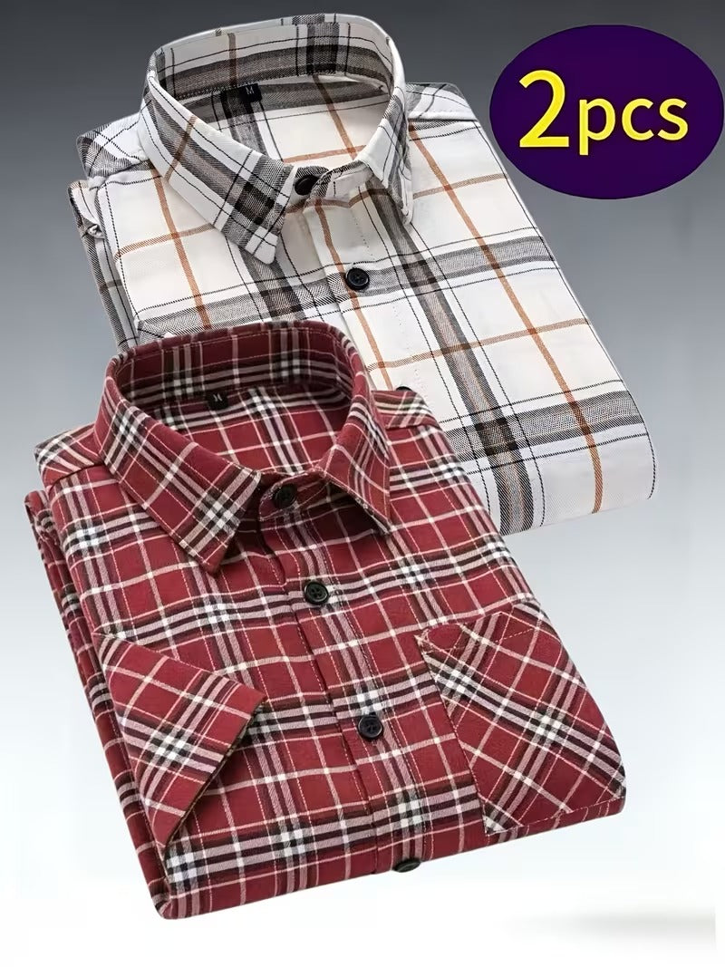 Men's 2pcs Casual Plaid Shirt Set, Mixed Plaid Patterns (SKU-2S-23)