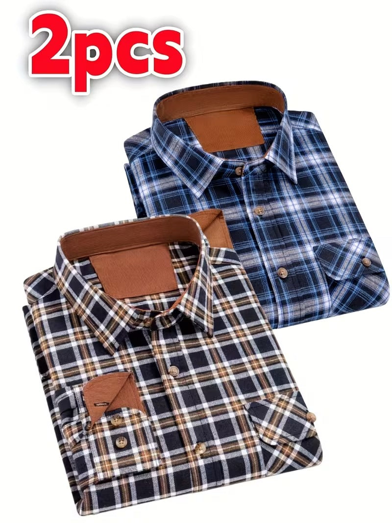 2pcs New Flannel Brushed Plaid Shirt for Men (SKU-2S-40)