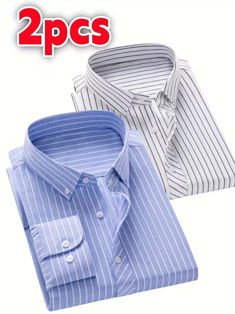 2pcs Oxford Spun Shirt Striped Shirt Men's Casual Fashion (SKU-2S-42)