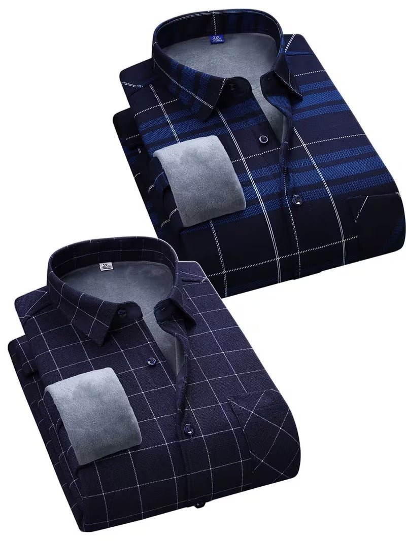 Men's Casual Plaid Long-Sleeve -Lined Thickened Warm Shirt (SKU-2S-43)