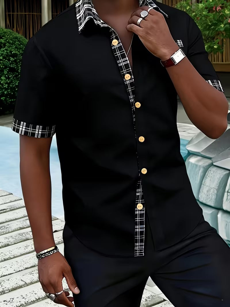 2pcs Men's Color-Block Plaid Patchwork Short-Sleeve Shirt (SKU-2S-31)