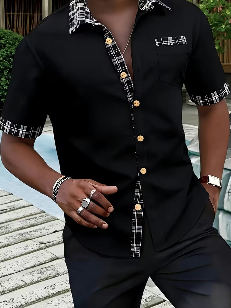 2pcs Men's Color-Block Plaid Patchwork Short-Sleeve Shirt (SKU-2S-31)