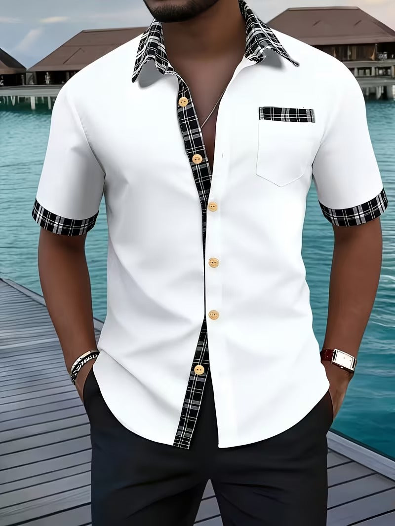 2pcs Men's Color-Block Plaid Patchwork Short-Sleeve Shirt (SKU-2S-31)