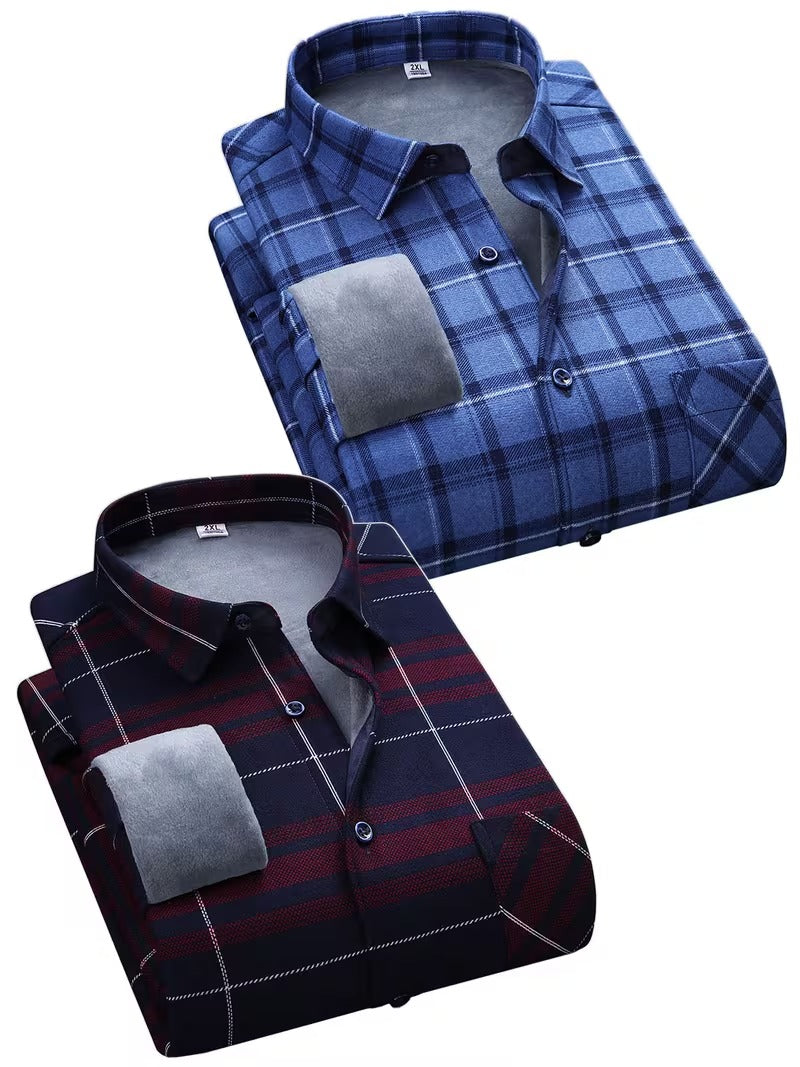 Men's Casual Plaid Long-Sleeve -Lined Thickened Warm Shirt (SKU-2S-44)