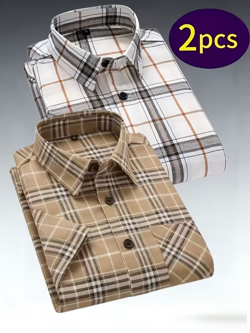 Men's 2pcs Casual Plaid Shirt Set, Mixed Plaid Patterns (SKU-2S-18)