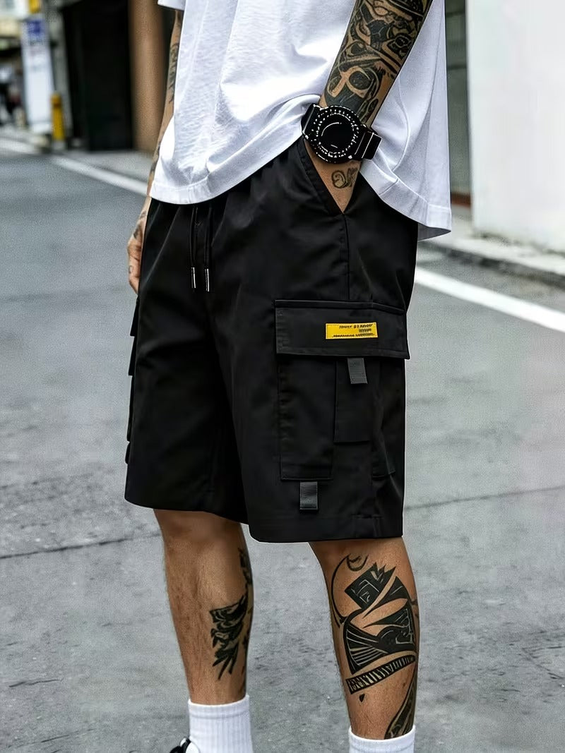 3PcsMen's Gray Cargo Shorts Drawstring Waist Loose Fit Multi-Pocket Lightweight Summer Casual Shorts