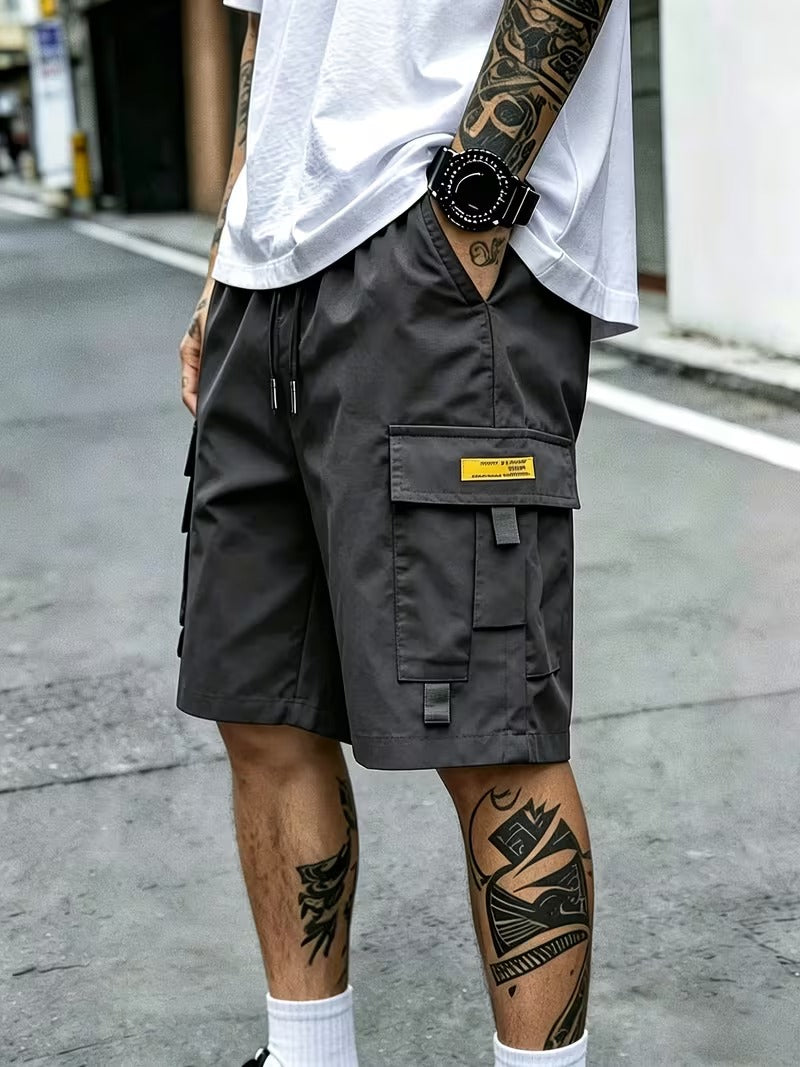 3PcsMen's Gray Cargo Shorts Drawstring Waist Loose Fit Multi-Pocket Lightweight Summer Casual Shorts