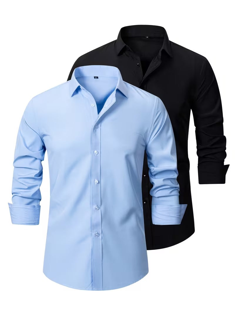 2pcs Set Men'S Long Sleeve Shirts Stretch Business Professional Formal (SKU-2S-05)