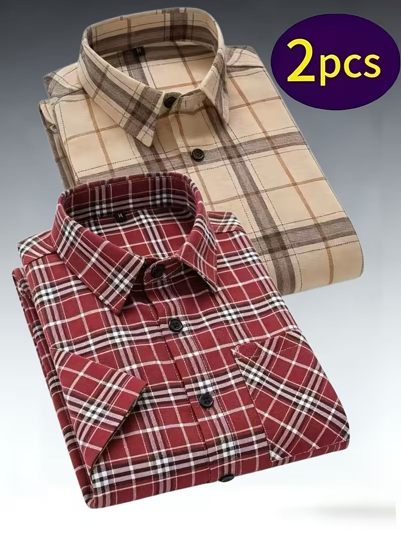 Men's 2pcs Casual Plaid Shirt Set, Mixed Plaid Patterns (SKU-2S-20)