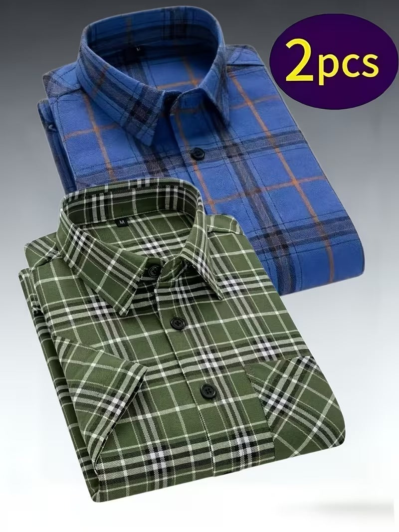 Men's 2pcs Casual Plaid Shirt Set, Mixed Plaid Patterns (SKU-2S-19)